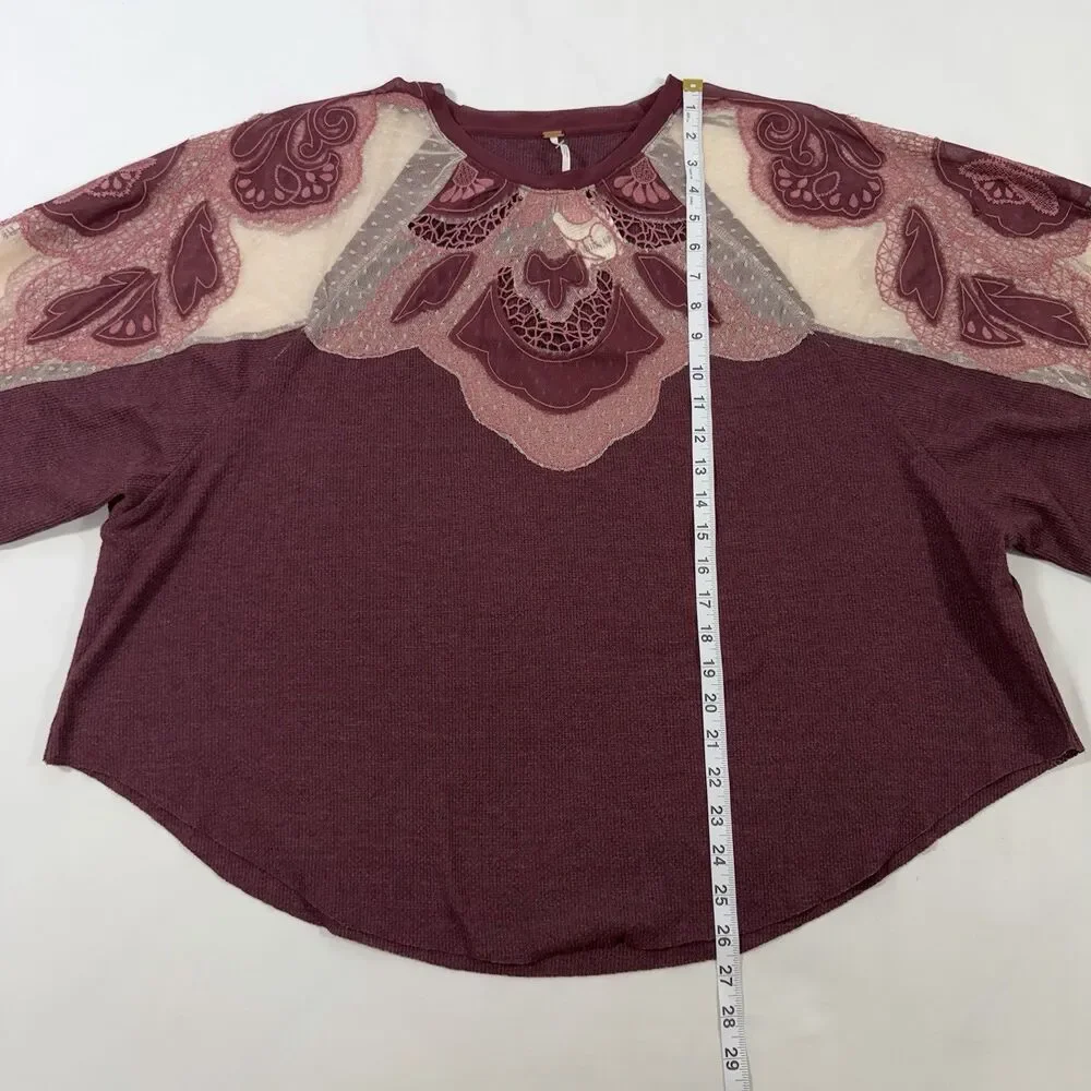 Free People Toni Tunic Top MEDIUM Mulberry Burgundy Embroidered Lace Waffle Boho